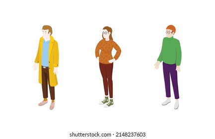 Set of different isometric people on white. Vector illustration flat design isolated. Male and female characters. Office and casual clothes.