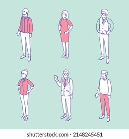 Set of different isometric people on white. Vector illustration flat design isolated. Male and female characters. Office and casual clothes. Outline, linear style, line art.