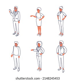 Set of different isometric people on white. Vector illustration flat design isolated. Male and female characters. Office and casual clothes. Outline, linear style, line art.