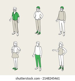 Set of different isometric people on white. Vector illustration flat design isolated. Male and female characters. Office and casual clothes. Outline, linear style, line art.
