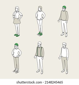 Set of different isometric people on white. Vector illustration flat design isolated. Male and female characters. Office and casual clothes. Outline, linear style, line art.