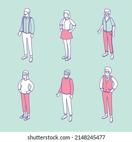 Set of different isometric people on white. Vector illustration flat design isolated. Male and female characters. Office and casual clothes. Outline, linear style, line art.