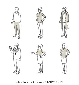 Set of different isometric people on white. Vector illustration flat design isolated. Male and female characters. Office and casual clothes. Outline, linear style, line art.