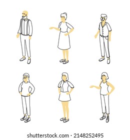 Set of different isometric people on white. Vector illustration flat design isolated. Male and female characters. Office and casual clothes. Outline, linear style, line art.