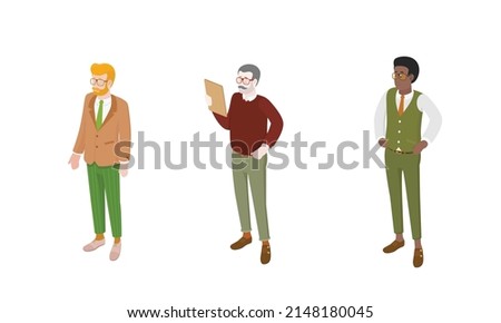 Set of different isometric people on white. Vector illustration flat design isolated. Male and female characters. Office and casual clothes.