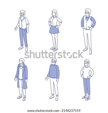 Set of different isometric people on white. Vector illustration flat design isolated. Male and female characters. Office and casual clothes. Outline, linear style, line art.