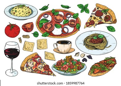 Set of different Italian dishes. Pizza, spaghetti, risoto and other popular Italian dishes. Vector illustration