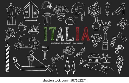 The set of different italian hand drawn symbols. Can be used for souvenir products, for travel agency, such as background. 