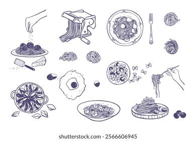 Set of different Italian pasta and pasta making machine. Hand drawn illustration of Italian cuisine elements