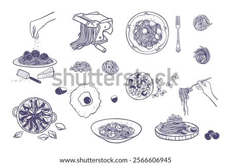 Set of different Italian pasta and pasta making machine. Hand drawn illustration of Italian cuisine elements