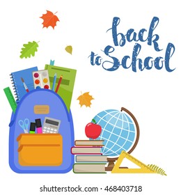 Set of different items for education. Back to school  lettering. Vector stock illustration.