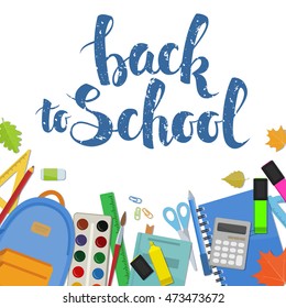 Set of different items for education. Back to school  lettering. Vector stock illustration.