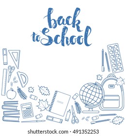 Set of different items for education. Back to school  lettering. Vector illustration.