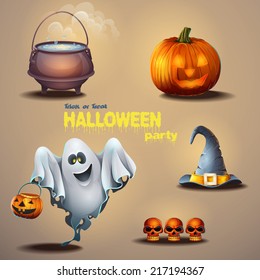 Set of different items for the holiday Halloween, as well as a cute ghost