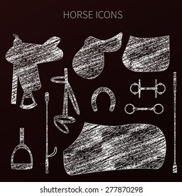 Set of different items for horses. Plane and simple, on chalkboard. Vector.