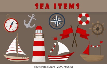 A set of different items including a lighthouse, a ship, a ship, a boat, a ship, a ship and a star.