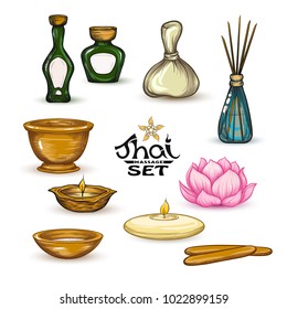 A set of different items, needs for SPA  or Thai massage. Colorful stock vector illustration.