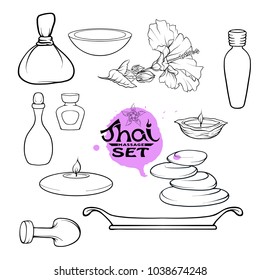 A set of different items, needs for SPA  or Thai massage.  Outline stock vector illustration.