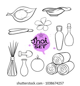A set of different items, needs for SPA  or Thai massage.  Outline stock vector illustration.