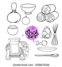 A set of different items, needs for SPA  or Thai massage.  Outline stock vector illustration.