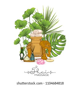 A set of different items, needs for SPA  or Thai massage with tropical plants and flowers. Colorful stock vector illustration.