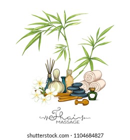A set of different items, needs for SPA  or Thai massage with tropical plants and flowers. Colorful stock vector illustration.