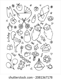 A set of different items (silhouettes) for the mother's day, the birth of a child. Doodles. Vector illustration