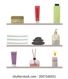  Set of different items for spa procedures at home, home spa concept, flat vector illustration