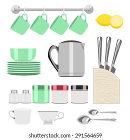 Set of different items for tea. Containers for spices.