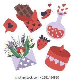 
Set of different items for valentine's day, such as chocolate, love potion, flower bouquet, candle, strawberry. Vector illustration in cartoon style.