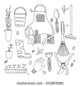 A set of different items for working in the garden. Gardener's apron, seedlings, gloves, gardening tools. Vector clipart. Spring time. Hand-drawn in doodle style