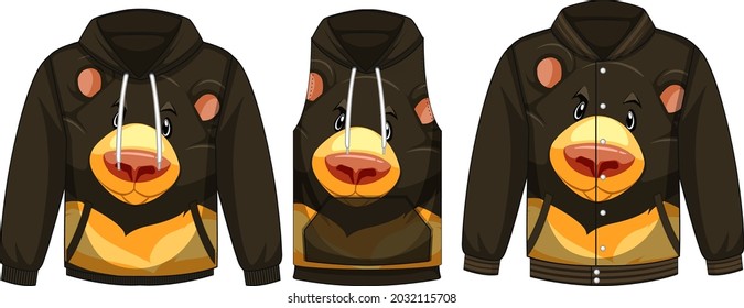 Set of different jackets with black bear template illustration