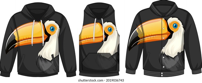 Set of different jackets with toucan bird template illustration