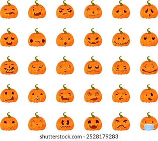 Conjunto de diferentes siluetas de expresión facial de calabaza Jack-o-lanterns. Fiesta de Halloween tallado de calabaza. Ilustración vectorial común aislada en el fondo blanco en estilo plano de la historieta.