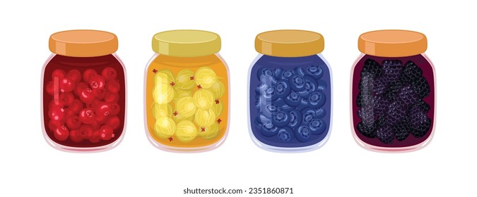 Set aus verschiedenen Marmeladen in Glaskeramik. Goosebeeren, Cranberry, Blackberry und Blueberry hausgemachte Gelee. Vektorflache Ikone organischer Süßigkeiten. Illustration von gesundem Essen.