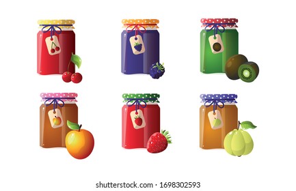 Set of different jams in jars with blackberry, cherry, kiwi, apple, strawberry. Vector illustration in flat cartoon style.