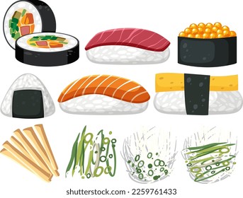 Set of different Japanese foods  illustration