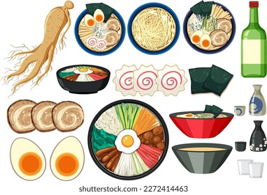 Set of different Japanese and Korean foods  illustration
