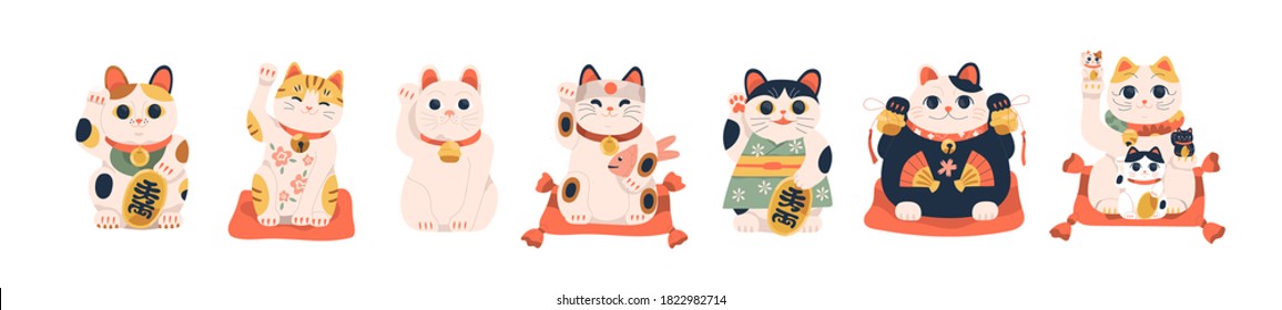 Set of different Japanese lucky cat maneki neko vector illustration. Collection of cute oriental feline figure holding coban coin with kanji meaning richness.Traditional Asian symbol  isolated.