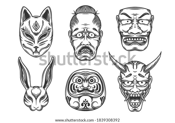 日本のネイティブマスクのベクターイラストのセット 白黒の鬼面 狐 般若 だるま うさぎのデザイン のベクター画像素材 ロイヤリティフリー