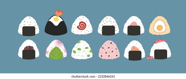 Set of different Japanese rice ball with hiragana word means "Onigiri". Japanese food. Rice ball filled with Salmon, pickled plum and wrapped with dried seaweed sheet (Nori). Flat vector illustration.