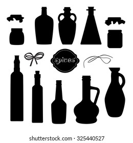 Set of different jar silhouettes for spicy oil with ribbons