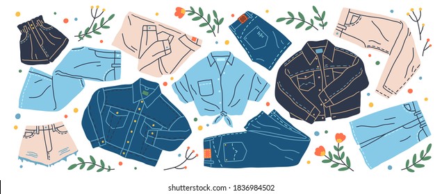Set of different jeans clothes vector flat illustration. Collection of stylish denim shirt, trousers, jacket, shorts and skirt isolated. Trendy modern cotton clothing, street style wear
