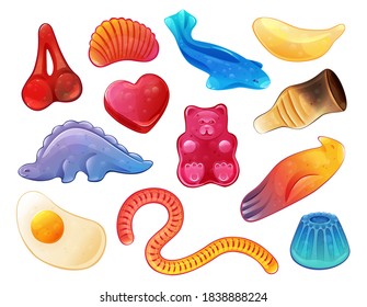 Set of different jelly sweets isolated on white background - gummy bears, hard candies, jelly beans. Vector illustration Candies in the form of animals, like a dolphin, dinosaur, worms, parrot.