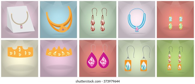 Set of different jewelry pieces on different colored backgrounds