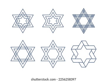 Set of different Jewish six-pointed stars vector illustration with editable stroke