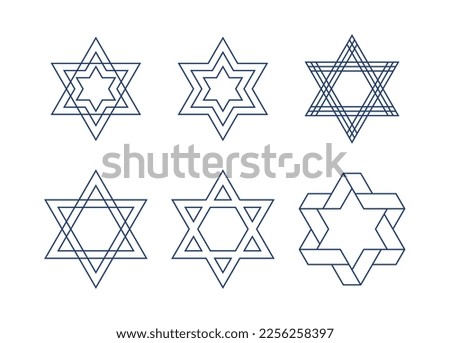 Set of different Jewish six-pointed stars vector illustration with editable stroke