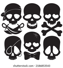 Set of different Jolly Rojer icons - vector illustration, six isolated black icons of Jolly Rojer on white background. Collection of pictures for pirates party, halloween