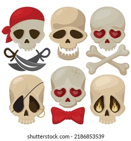 Set of different Jolly Rojers - vector illustration, six isolated pictures of Jolly Rojer on white background. Collection of pictures for pirates party, halloween