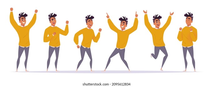 Set of different joyful poses and gestures of a young African American guy who is happy, has fun, dances, bouncing